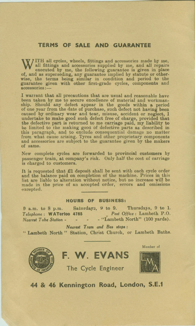 F. W. Evans Catalog (Undated, 1935 or Later) — The Cycle Engineer: Made-to-Measure Racing and Touring Cycles, Tandems, Frames and Wheels — page 2 of 26