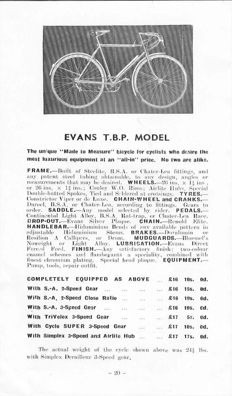 F. W. Evans Catalog (Undated, 1935 or Later) — The Cycle Engineer: Made-to-Measure Racing and Touring Cycles, Tandems, Frames and Wheels — page 22 of 26