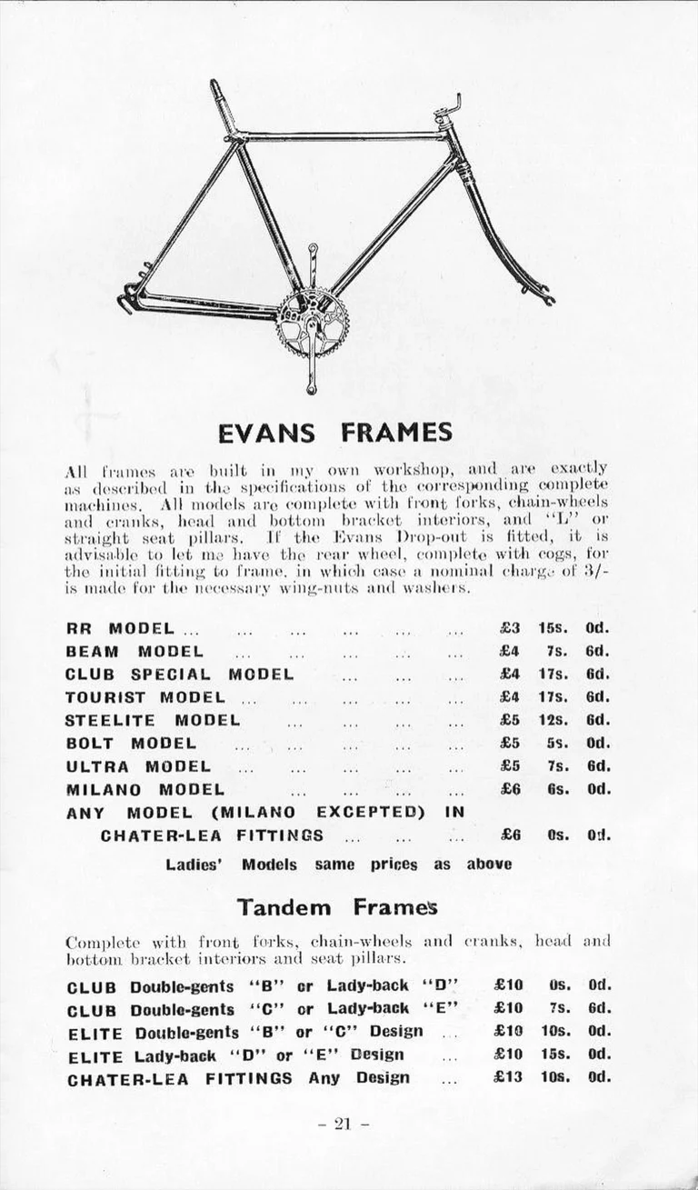 F. W. Evans Catalog (Undated, 1935 or Later) — The Cycle Engineer: Made-to-Measure Racing and Touring Cycles, Tandems, Frames and Wheels — page 23 of 26