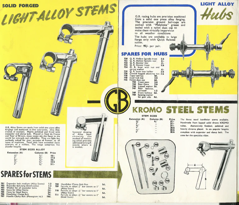 GB Catalog (Undated) — Coureur 66, Coureur Plus, Sport Mk 3 and Sprite Brakes, Handlebar Bends, Stems, Hubs, Rubber Accessories and Carded Components — page 2 of 6