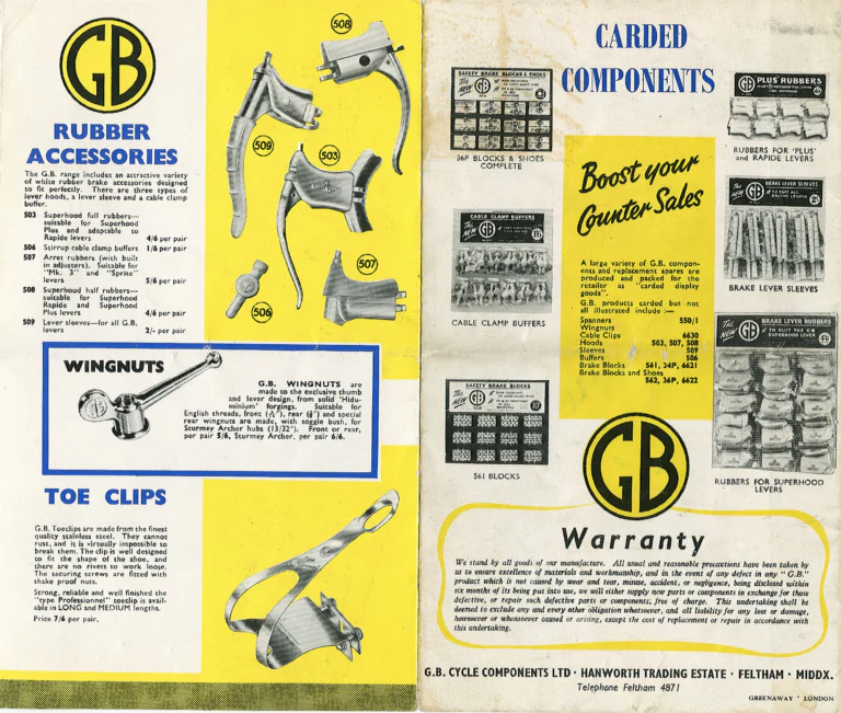 GB Catalog (Undated) — Coureur 66, Coureur Plus, Sport Mk 3 and Sprite Brakes, Handlebar Bends, Stems, Hubs, Rubber Accessories and Carded Components — page 6 of 6