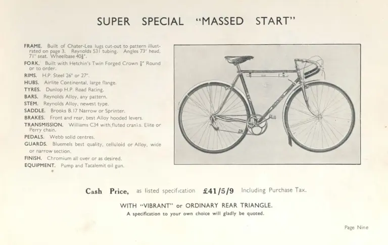 Hetchins Catalog — Super Special, Six Day, Massed Start and Toni Merkens Models, Prices Including Purchase Tax — page 11 of 16
