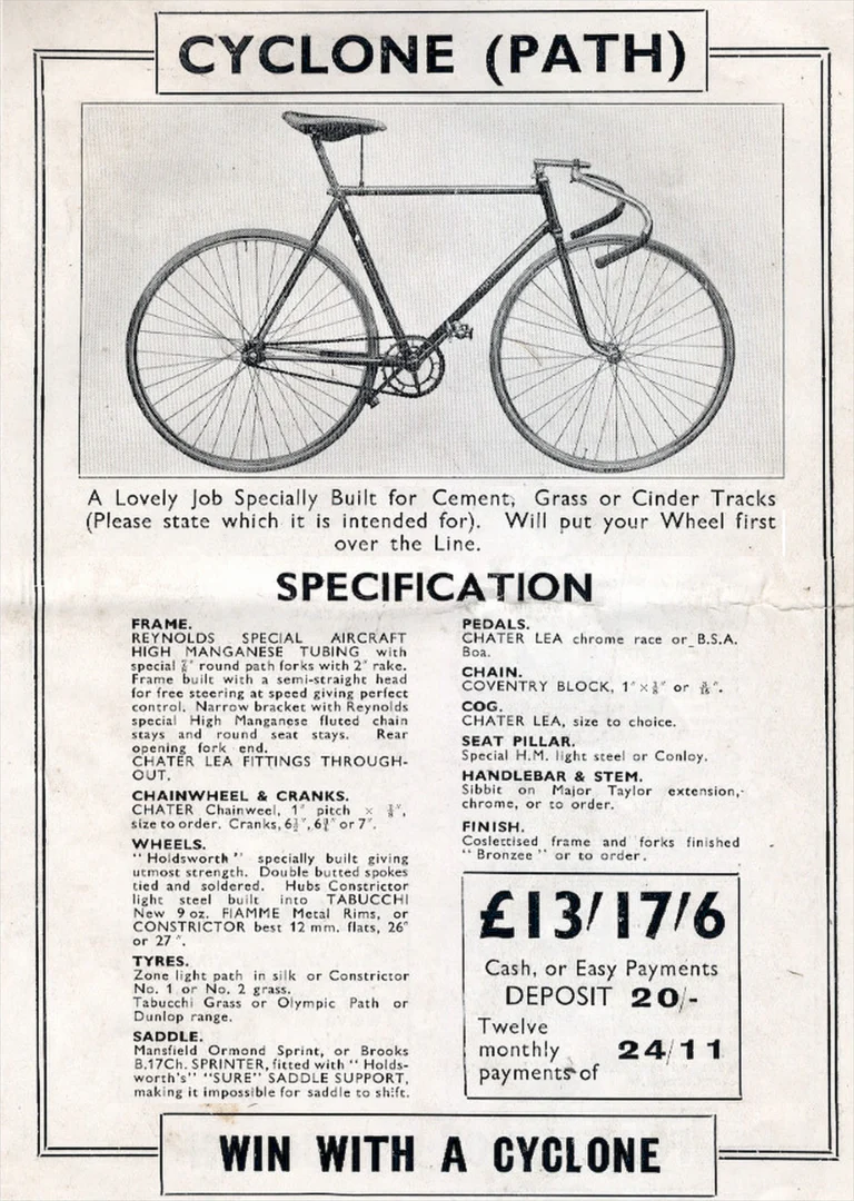 Holdsworth 1934 Catalog — Cyclone, Hurricane, Mistral, Sirocco, Stelvio, Typhoon and Zephyr, with the Tandems, Frames and Gear Table — page 5 of 17