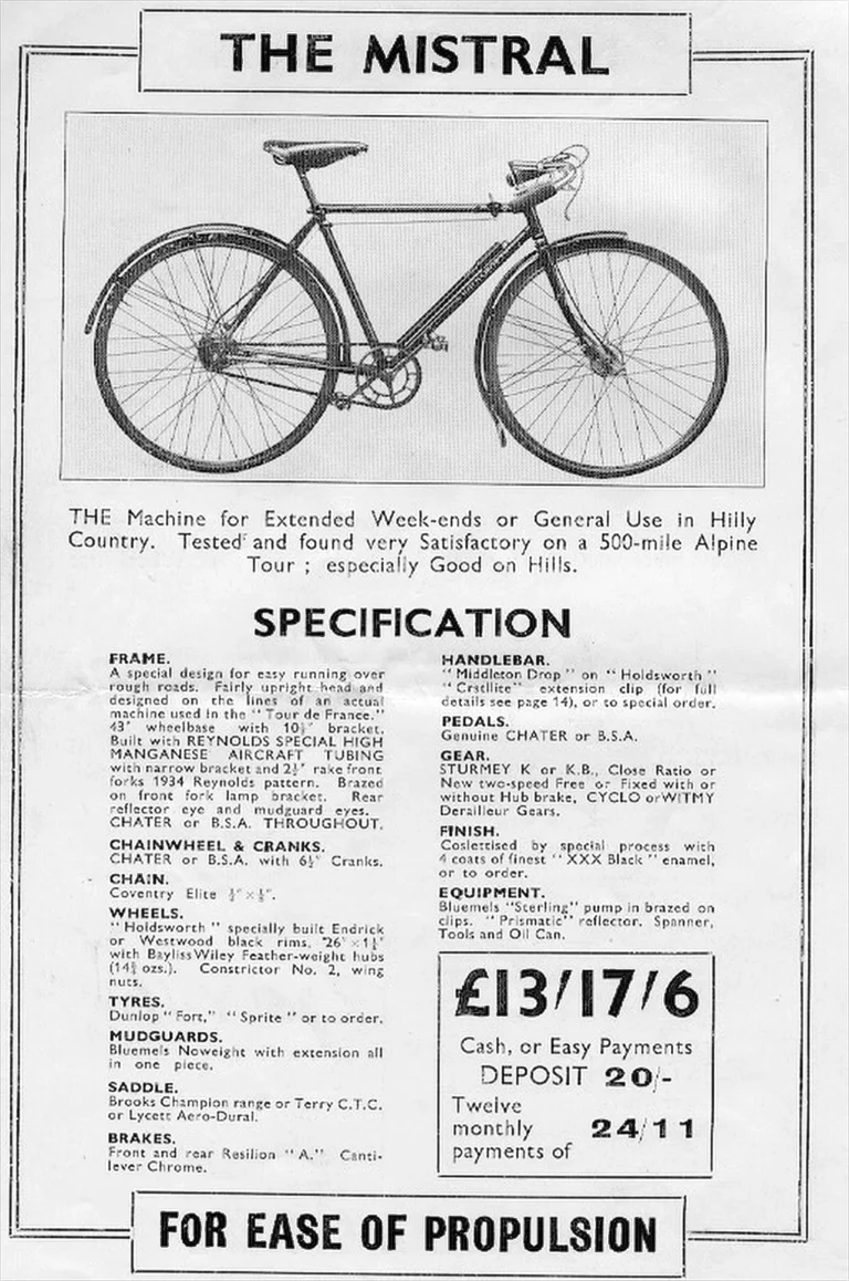 Holdsworth 1934 Catalog — Cyclone, Hurricane, Mistral, Sirocco, Stelvio, Typhoon and Zephyr, with the Tandems, Frames and Gear Table — page 7 of 17