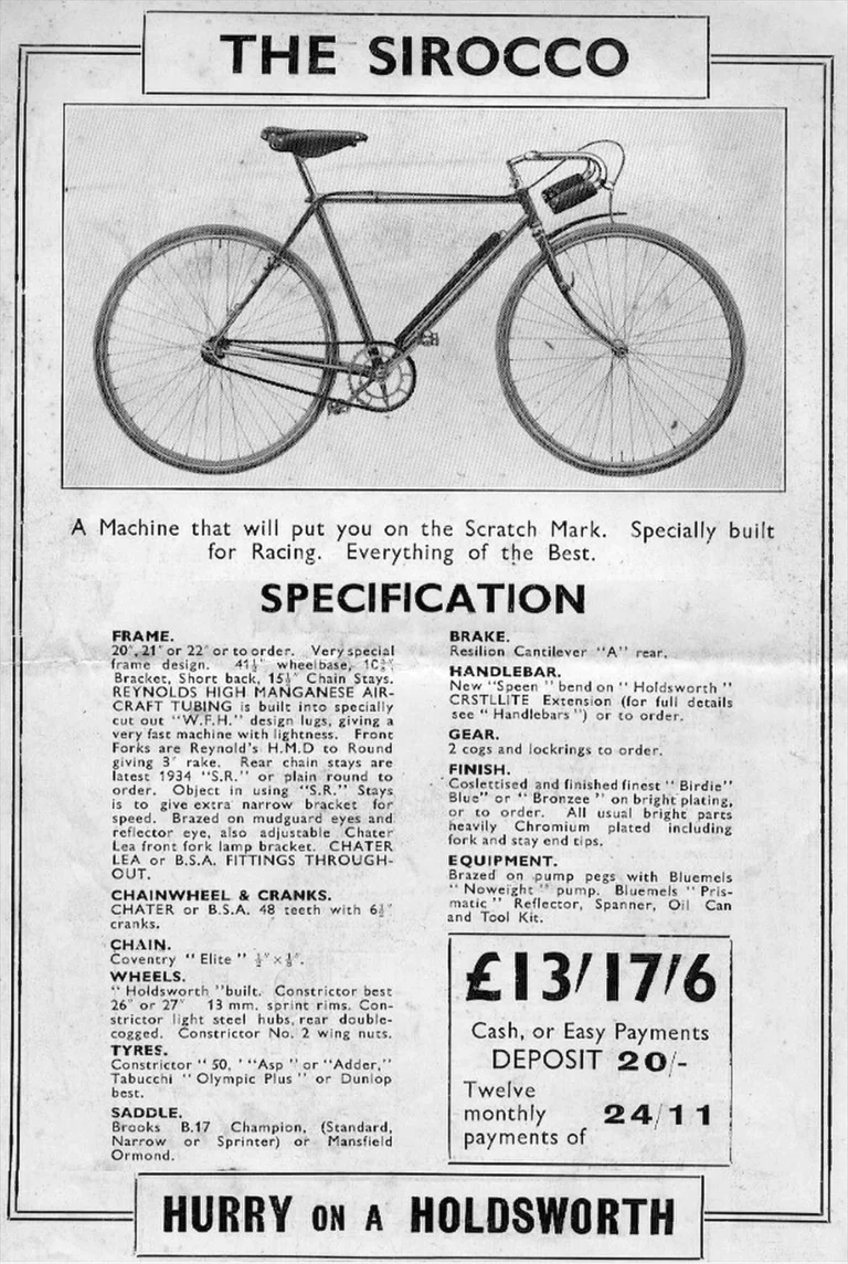 Holdsworth 1934 Catalog — Cyclone, Hurricane, Mistral, Sirocco, Stelvio, Typhoon and Zephyr, with the Tandems, Frames and Gear Table — page 8 of 17