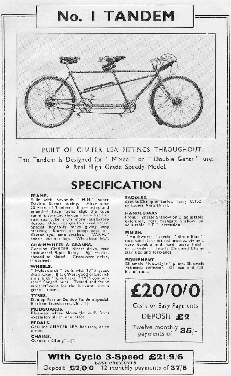 Holdsworth 1934 Catalog — Cyclone, Hurricane, Mistral, Sirocco, Stelvio, Typhoon and Zephyr, with the Tandems, Frames and Gear Table — page 12 of 17