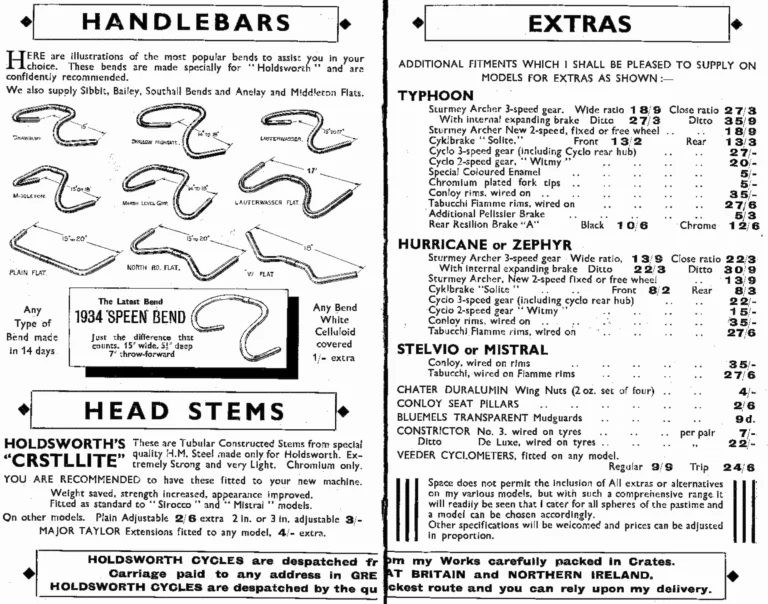 Holdsworth 1934 Catalog — Cyclone, Hurricane, Mistral, Sirocco, Stelvio, Typhoon and Zephyr, with the Tandems, Frames and Gear Table — page 16 of 17