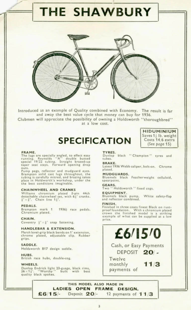 Holdsworth 1936 Catalog — The Shawbury, Upright Typhoon, Tornado, Curlew, Stelvio Tourer, Cyclone and Olympic, with the Tandems and Hiduminium Weight Savers — page 4 of 18