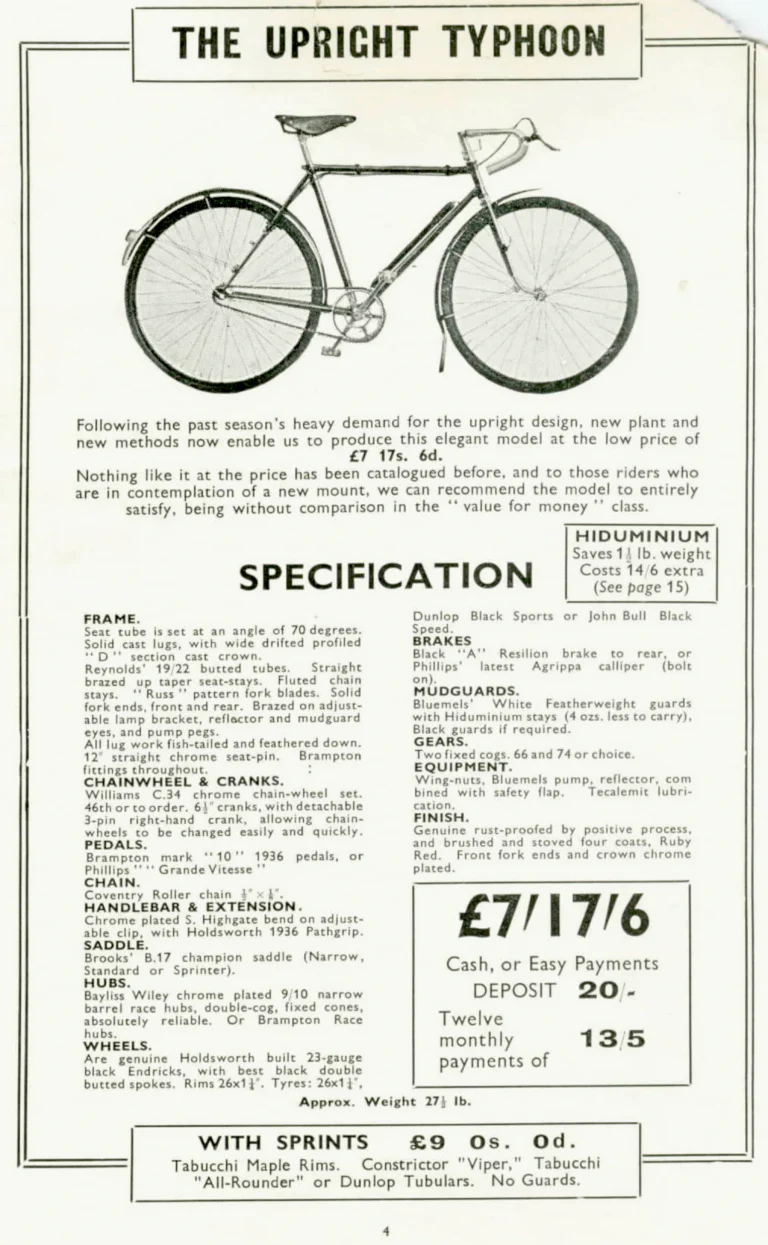 Holdsworth 1936 Catalog — The Shawbury, Upright Typhoon, Tornado, Curlew, Stelvio Tourer, Cyclone and Olympic, with the Tandems and Hiduminium Weight Savers — page 5 of 18