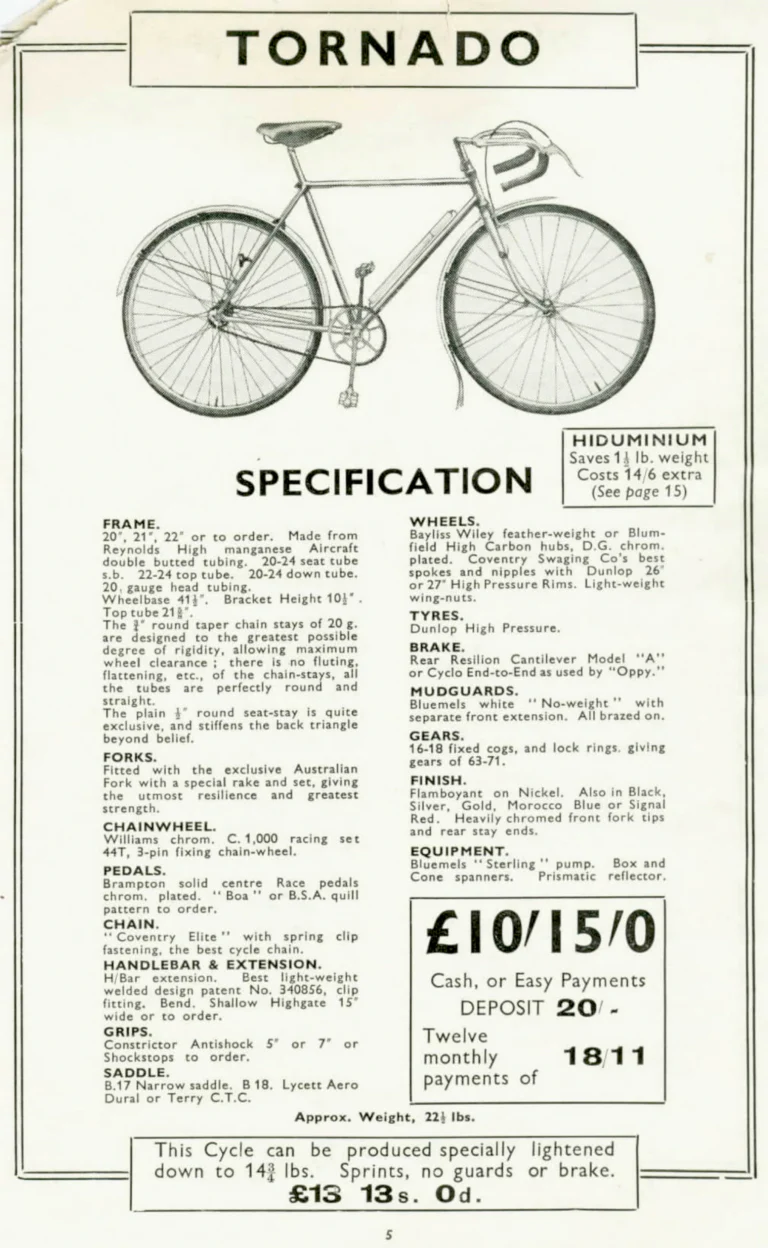 Holdsworth 1936 Catalog — The Shawbury, Upright Typhoon, Tornado, Curlew, Stelvio Tourer, Cyclone and Olympic, with the Tandems and Hiduminium Weight Savers — page 6 of 18