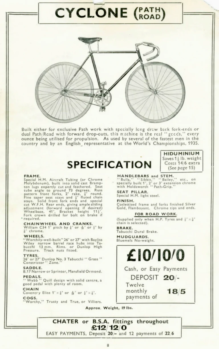 Holdsworth 1936 Catalog — The Shawbury, Upright Typhoon, Tornado, Curlew, Stelvio Tourer, Cyclone and Olympic, with the Tandems and Hiduminium Weight Savers — page 9 of 18