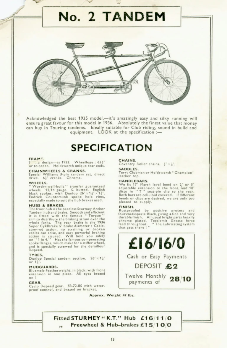 Holdsworth 1936 Catalog — The Shawbury, Upright Typhoon, Tornado, Curlew, Stelvio Tourer, Cyclone and Olympic, with the Tandems and Hiduminium Weight Savers — page 14 of 18