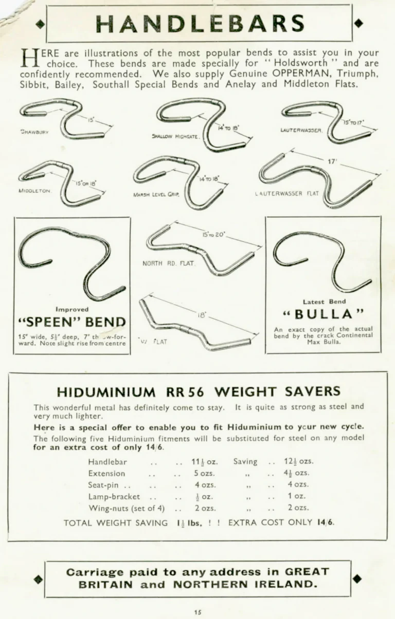 Holdsworth 1936 Catalog — The Shawbury, Upright Typhoon, Tornado, Curlew, Stelvio Tourer, Cyclone and Olympic, with the Tandems and Hiduminium Weight Savers — page 16 of 18