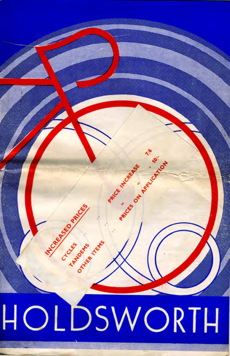 Holdsworth 1937 Catalog — La Quelda, the Upright Typhoon, Tornado, Curlew, Stelvio Tourer, Olympic and Cyclone, the Tandems, Sidecars and Order Forms — page 1 of 22