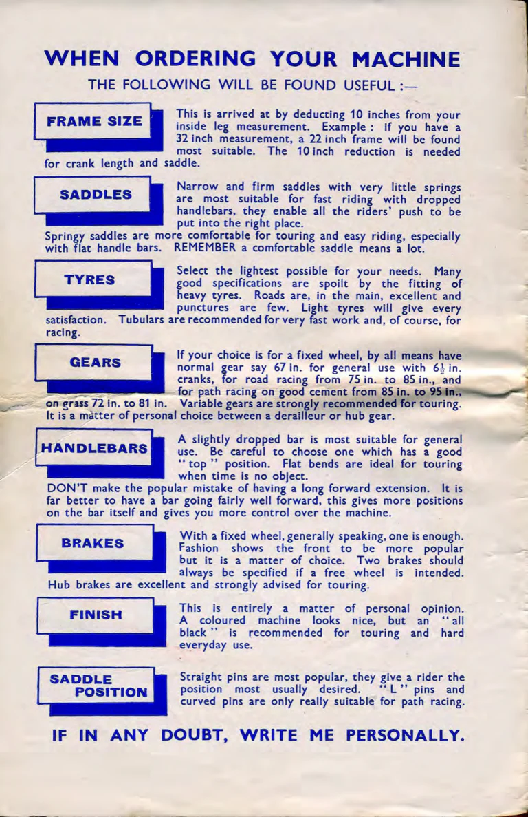 Holdsworth 1937 Catalog — La Quelda, the Upright Typhoon, Tornado, Curlew, Stelvio Tourer, Olympic and Cyclone, the Tandems, Sidecars and Order Forms — page 2 of 22