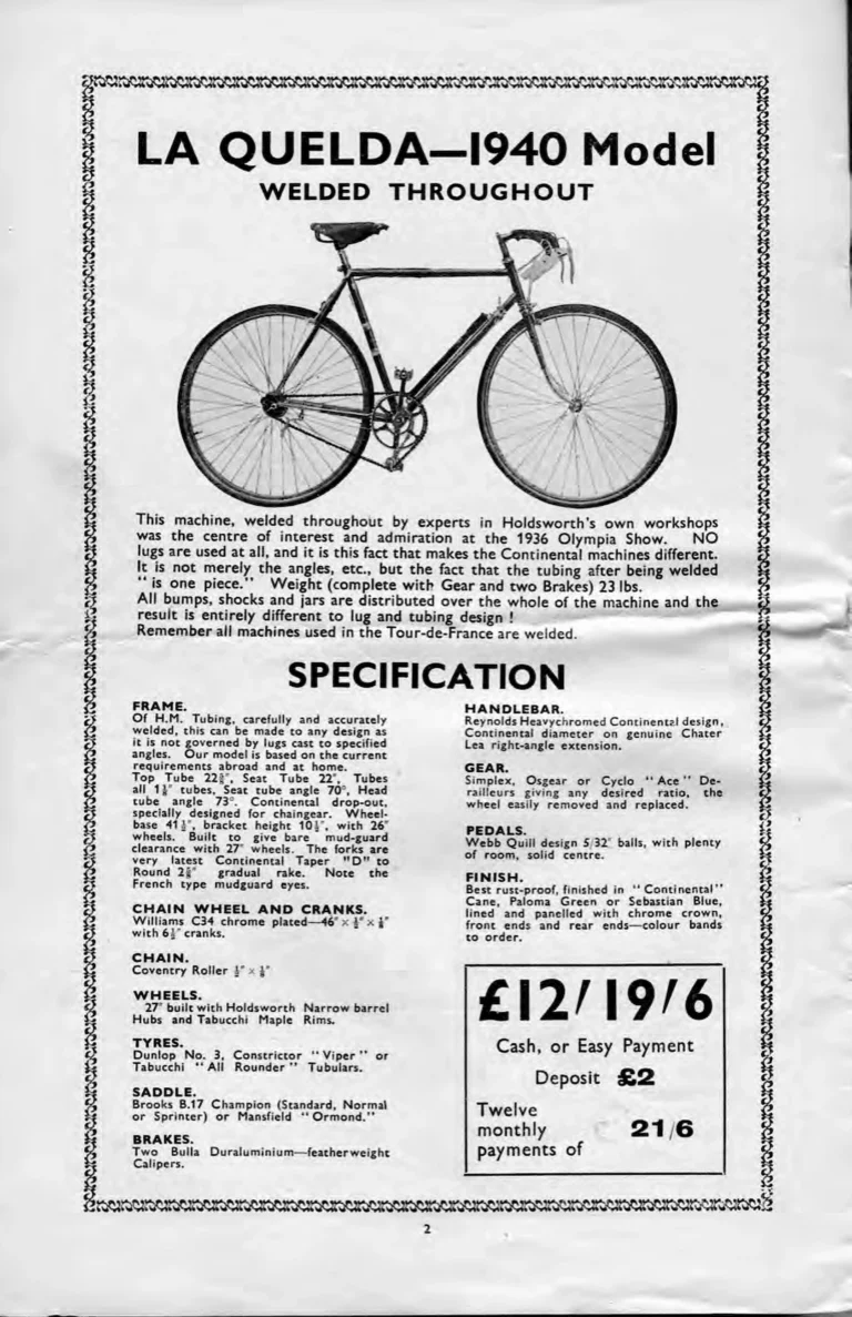 Holdsworth 1937 Catalog — La Quelda, the Upright Typhoon, Tornado, Curlew, Stelvio Tourer, Olympic and Cyclone, the Tandems, Sidecars and Order Forms — page 4 of 22