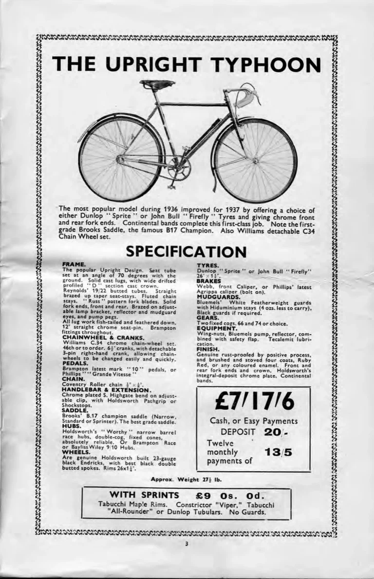 Holdsworth 1937 Catalog — La Quelda, the Upright Typhoon, Tornado, Curlew, Stelvio Tourer, Olympic and Cyclone, the Tandems, Sidecars and Order Forms — page 5 of 22
