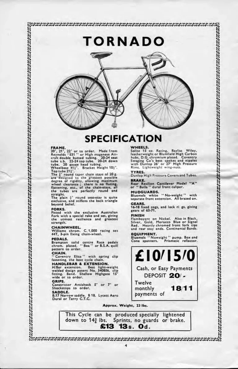 Holdsworth 1937 Catalog — La Quelda, the Upright Typhoon, Tornado, Curlew, Stelvio Tourer, Olympic and Cyclone, the Tandems, Sidecars and Order Forms — page 6 of 22