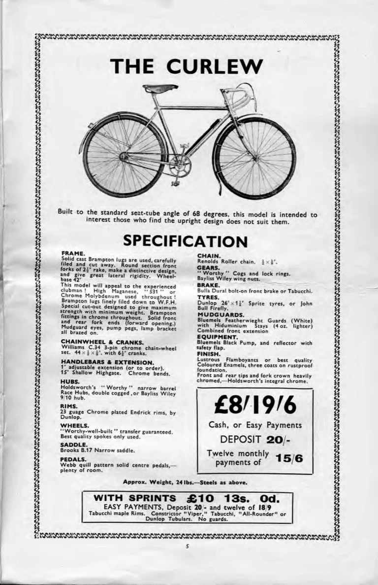 Holdsworth 1937 Catalog — La Quelda, the Upright Typhoon, Tornado, Curlew, Stelvio Tourer, Olympic and Cyclone, the Tandems, Sidecars and Order Forms — page 7 of 22