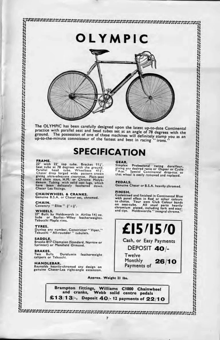 Holdsworth 1937 Catalog — La Quelda, the Upright Typhoon, Tornado, Curlew, Stelvio Tourer, Olympic and Cyclone, the Tandems, Sidecars and Order Forms — page 9 of 22