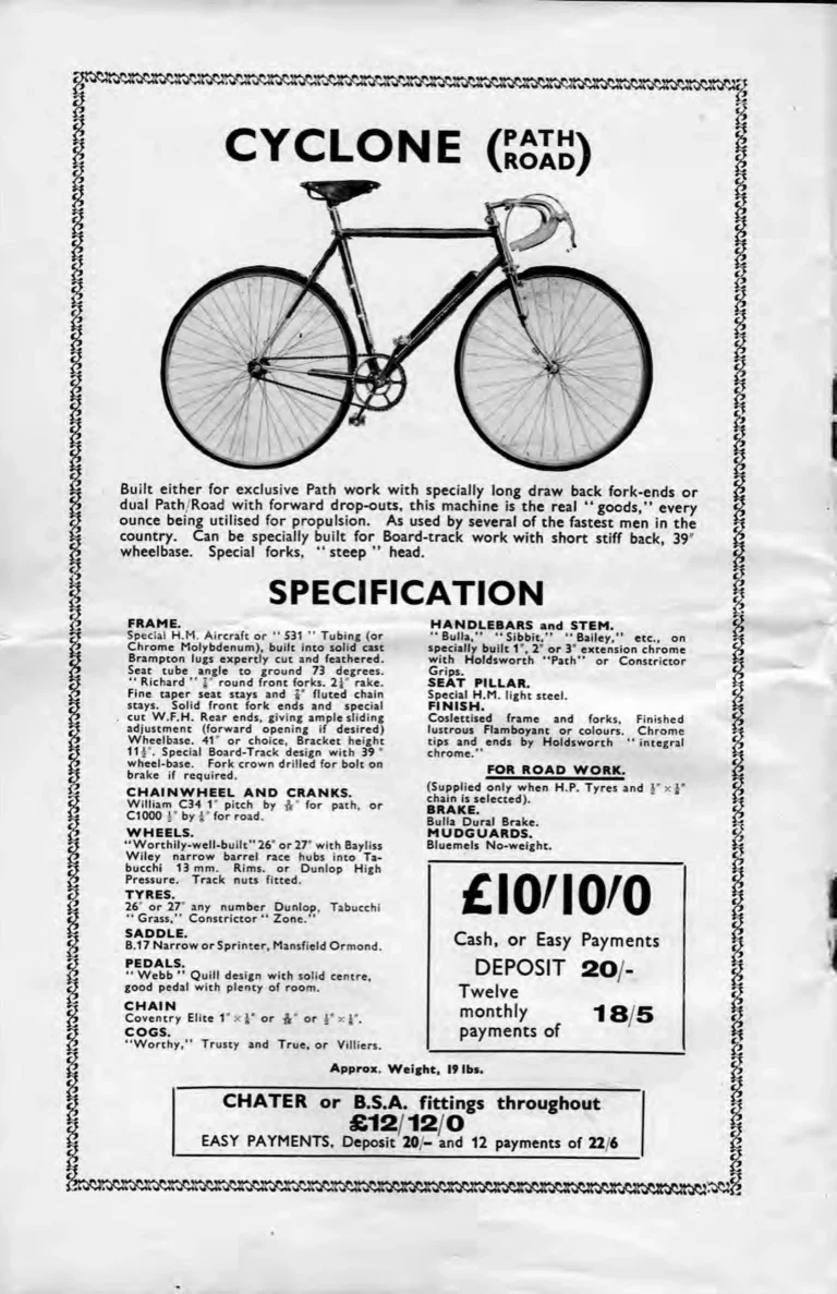 Holdsworth 1937 Catalog — La Quelda, the Upright Typhoon, Tornado, Curlew, Stelvio Tourer, Olympic and Cyclone, the Tandems, Sidecars and Order Forms — page 10 of 22