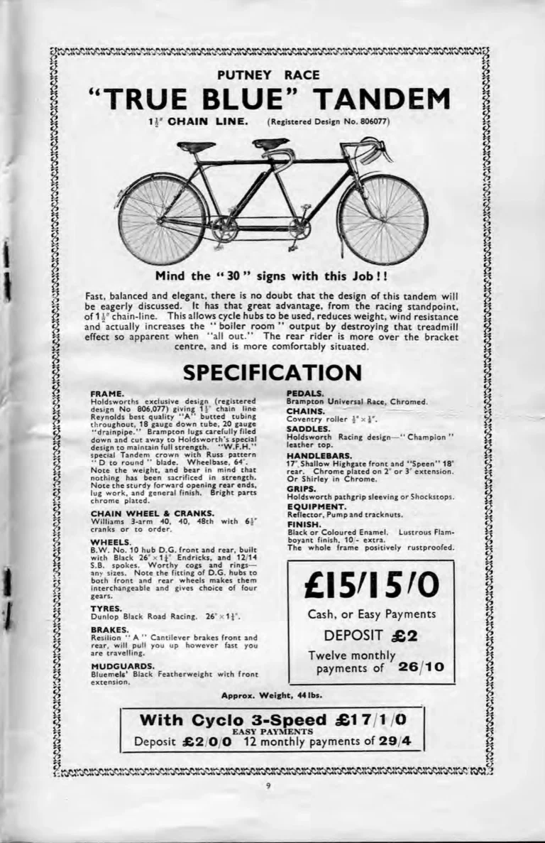 Holdsworth 1937 Catalog — La Quelda, the Upright Typhoon, Tornado, Curlew, Stelvio Tourer, Olympic and Cyclone, the Tandems, Sidecars and Order Forms — page 11 of 22