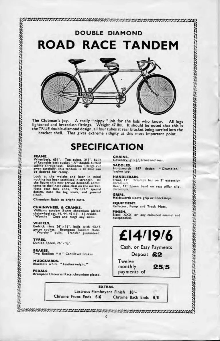 Holdsworth 1937 Catalog — La Quelda, the Upright Typhoon, Tornado, Curlew, Stelvio Tourer, Olympic and Cyclone, the Tandems, Sidecars and Order Forms — page 12 of 22