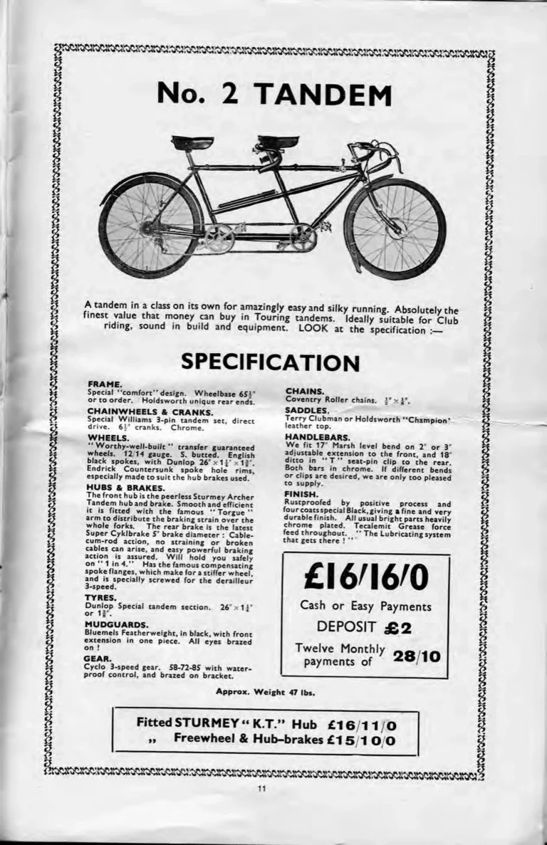 Holdsworth 1937 Catalog — La Quelda, the Upright Typhoon, Tornado, Curlew, Stelvio Tourer, Olympic and Cyclone, the Tandems, Sidecars and Order Forms — page 13 of 22