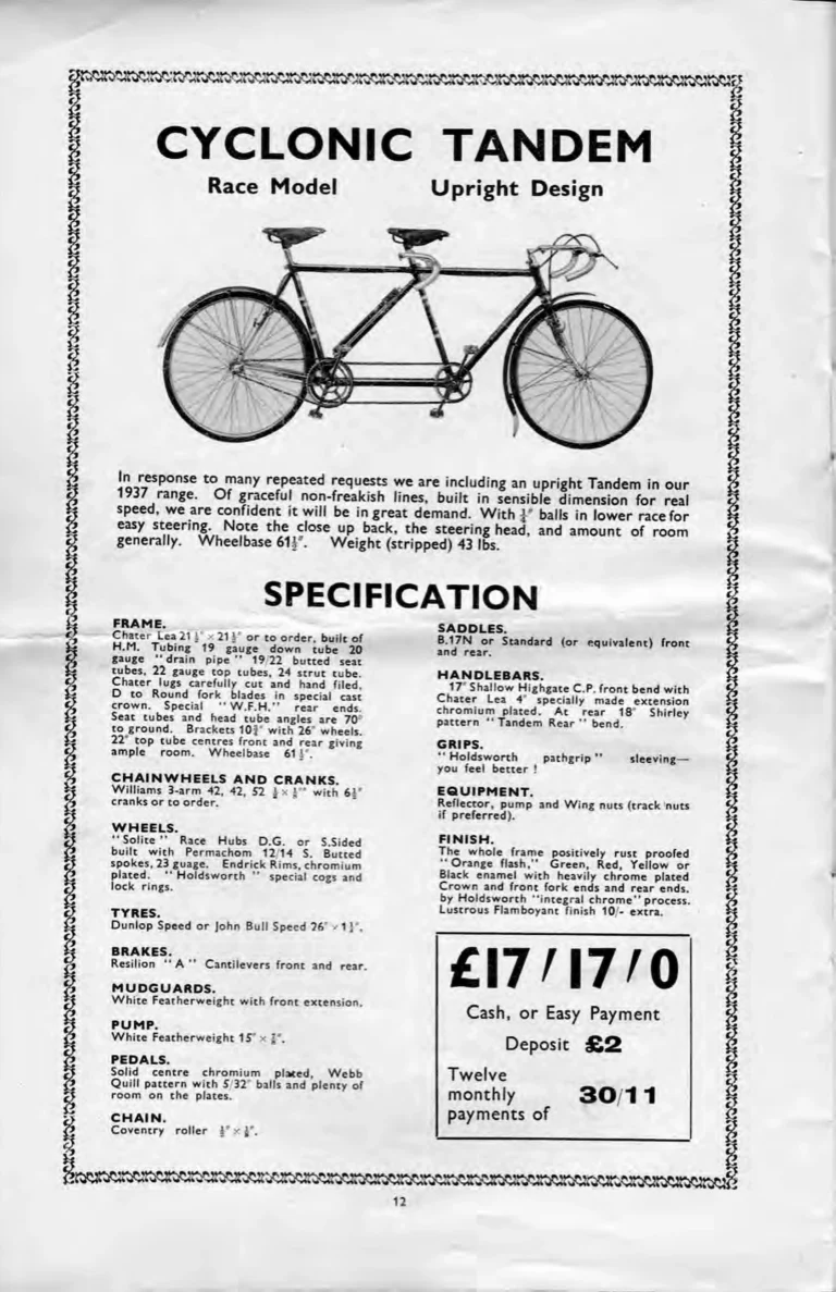 Holdsworth 1937 Catalog — La Quelda, the Upright Typhoon, Tornado, Curlew, Stelvio Tourer, Olympic and Cyclone, the Tandems, Sidecars and Order Forms — page 14 of 22