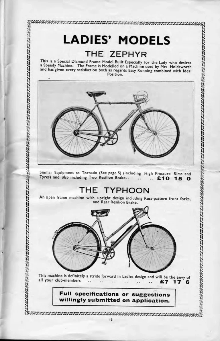 Holdsworth 1937 Catalog — La Quelda, the Upright Typhoon, Tornado, Curlew, Stelvio Tourer, Olympic and Cyclone, the Tandems, Sidecars and Order Forms — page 15 of 22
