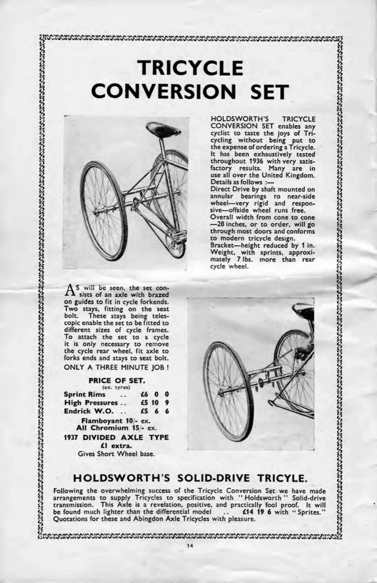 Holdsworth 1937 Catalog — La Quelda, the Upright Typhoon, Tornado, Curlew, Stelvio Tourer, Olympic and Cyclone, the Tandems, Sidecars and Order Forms — page 16 of 22