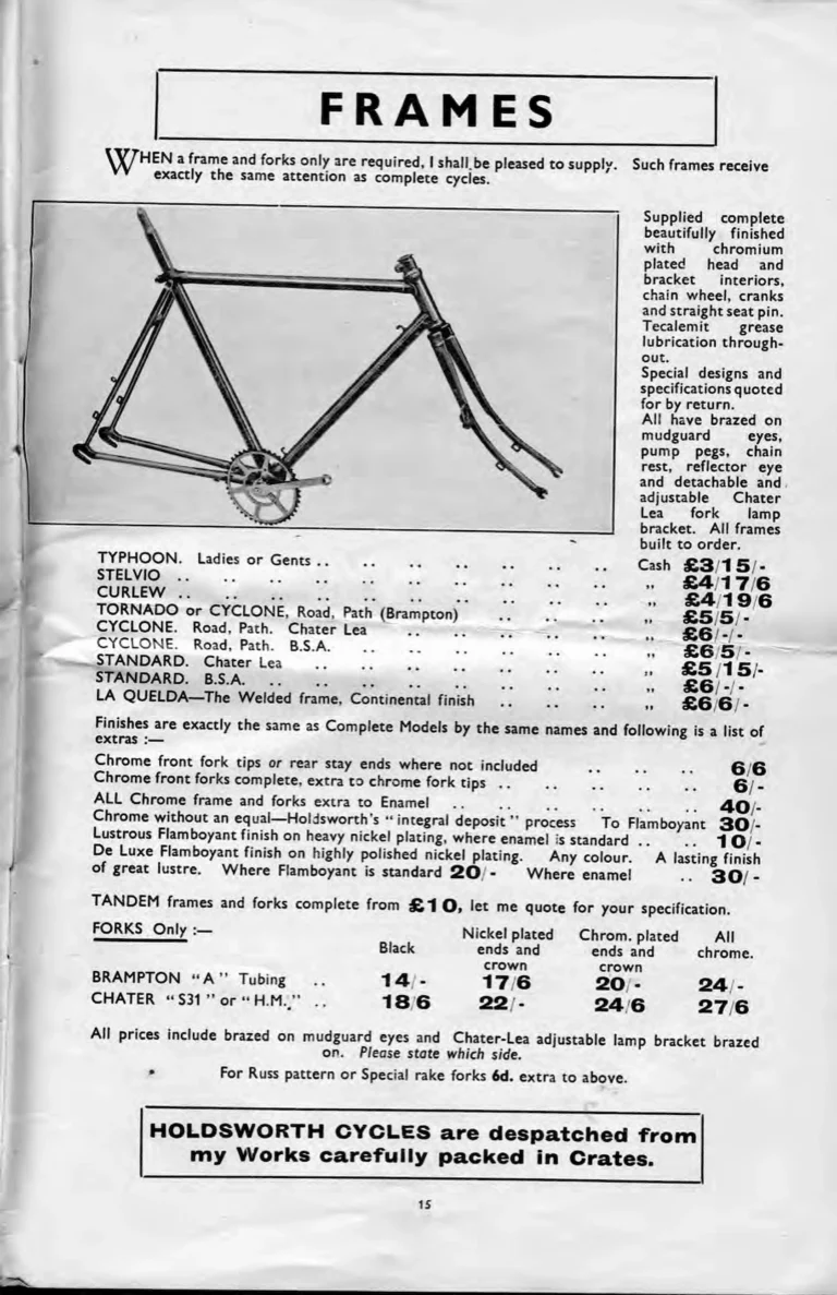 Holdsworth 1937 Catalog — La Quelda, the Upright Typhoon, Tornado, Curlew, Stelvio Tourer, Olympic and Cyclone, the Tandems, Sidecars and Order Forms — page 17 of 22
