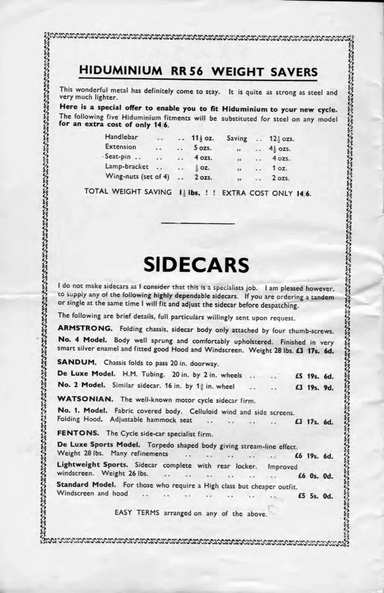 Holdsworth 1937 Catalog — La Quelda, the Upright Typhoon, Tornado, Curlew, Stelvio Tourer, Olympic and Cyclone, the Tandems, Sidecars and Order Forms — page 18 of 22