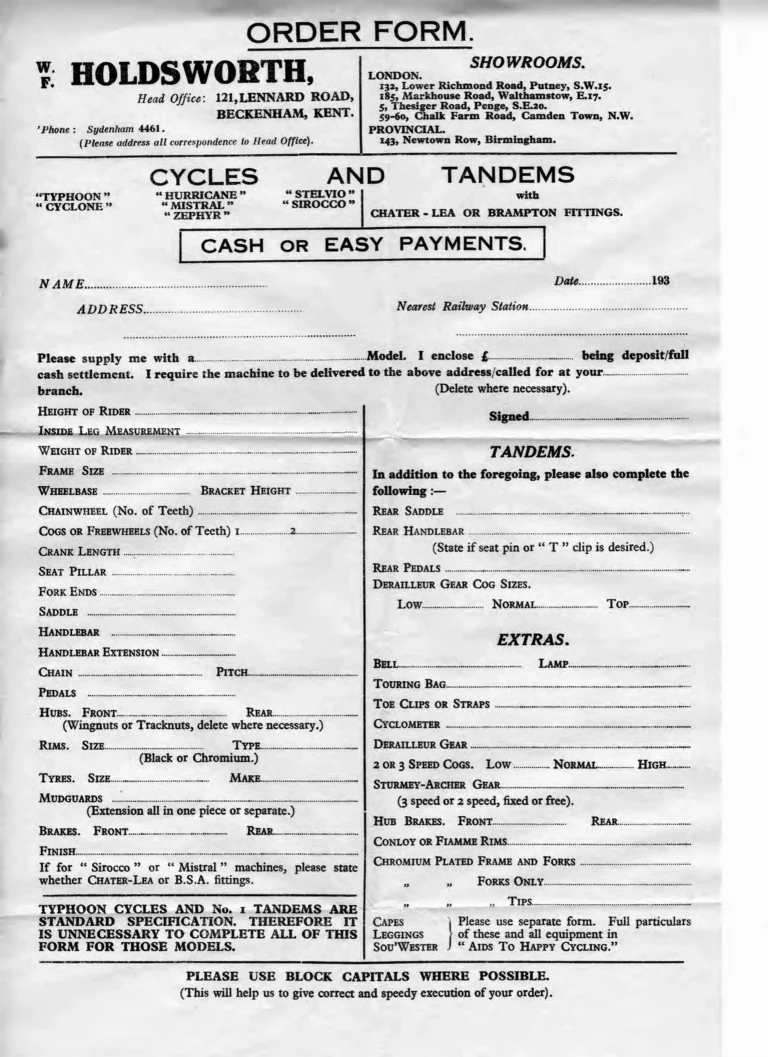 Holdsworth 1937 Catalog — La Quelda, the Upright Typhoon, Tornado, Curlew, Stelvio Tourer, Olympic and Cyclone, the Tandems, Sidecars and Order Forms — page 21 of 22
