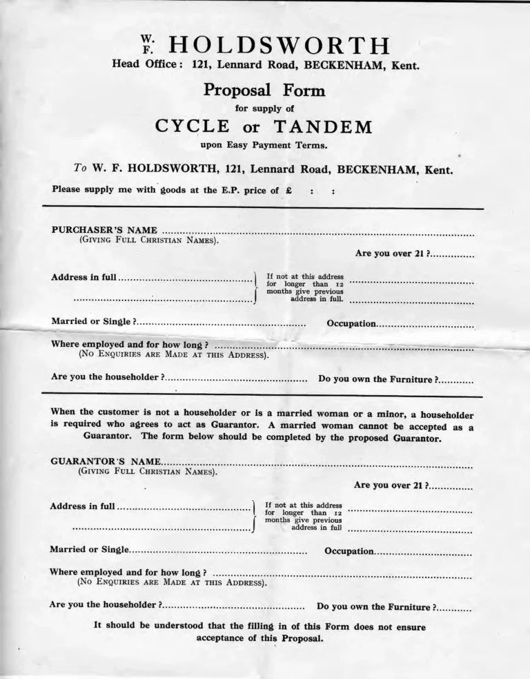 Holdsworth 1937 Catalog — La Quelda, the Upright Typhoon, Tornado, Curlew, Stelvio Tourer, Olympic and Cyclone, the Tandems, Sidecars and Order Forms — page 22 of 22