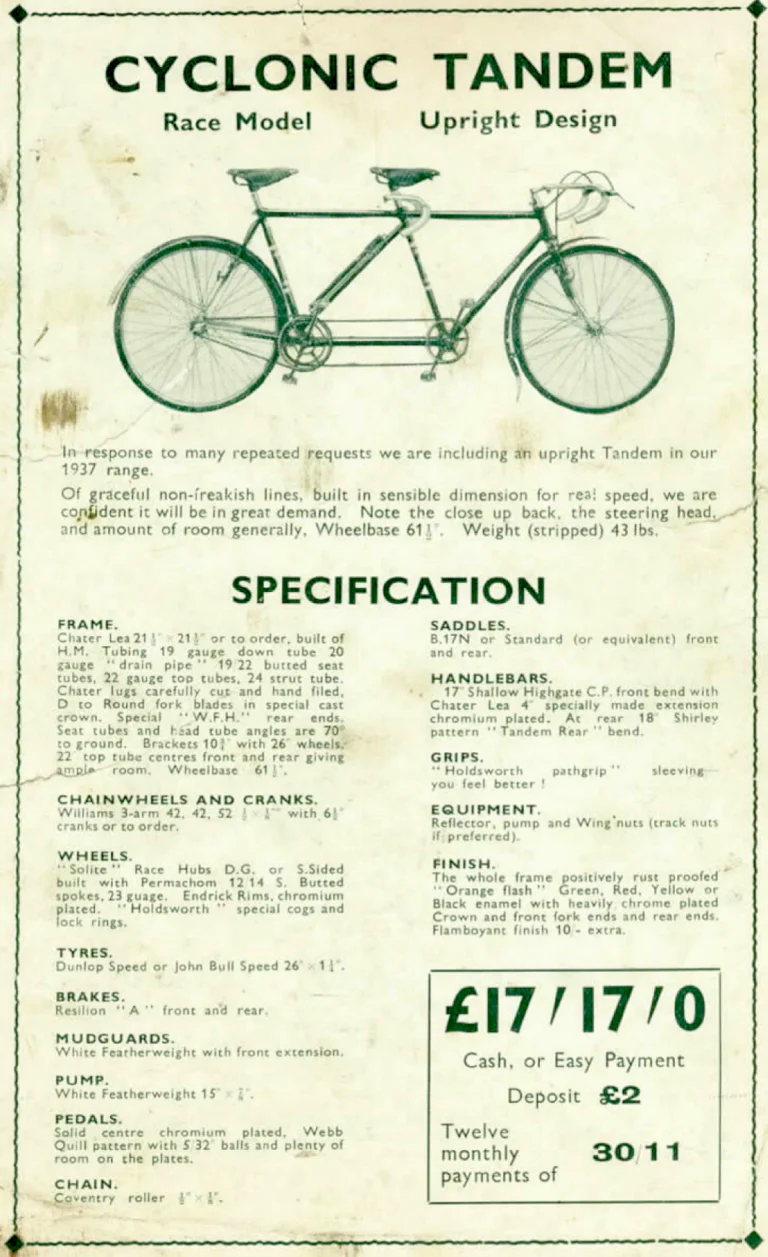 Holdsworth 1937 Leaflet — The Cyclonic Tandem and the Tricycle Conversion Set, with a Coupon for the 1937 Cycle List — page 1 of 2