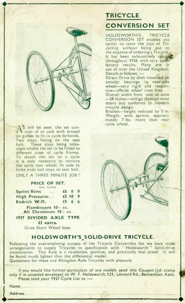 Holdsworth 1937 Leaflet — The Cyclonic Tandem and the Tricycle Conversion Set, with a Coupon for the 1937 Cycle List — page 2 of 2