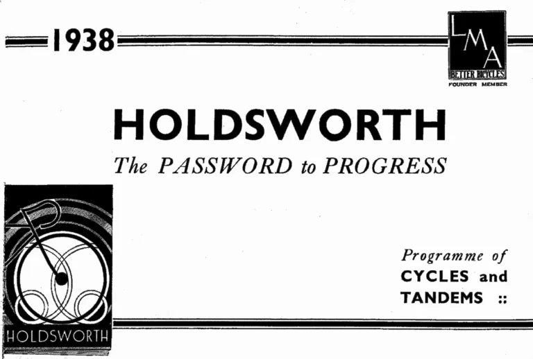 Holdsworth 1938 Catalog — The Password to Progress: La Variable, La Quelda, Olympic, Roi de Velo, Tornado and the Tandems, on One Folded Sheet — page 1 of 12