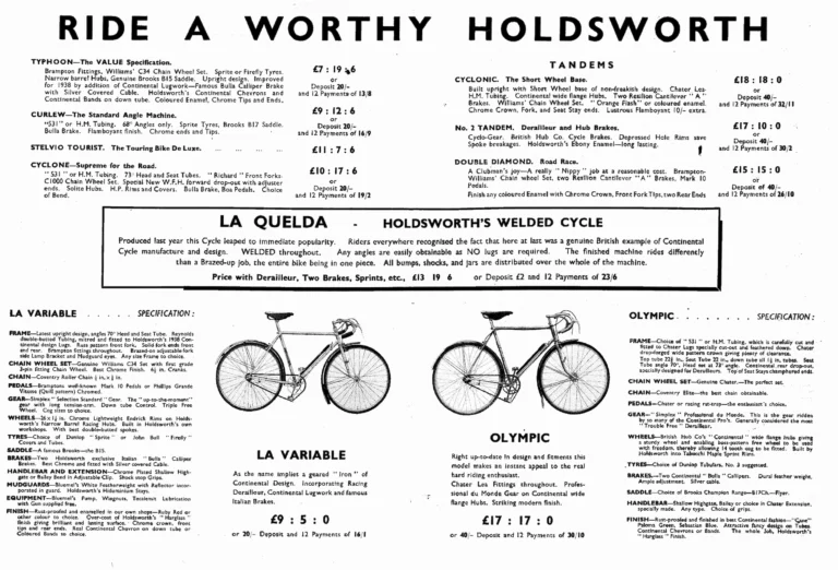 Holdsworth 1938 Catalog — The Password to Progress: La Variable, La Quelda, Olympic, Roi de Velo, Tornado and the Tandems, on One Folded Sheet — page 6 of 12