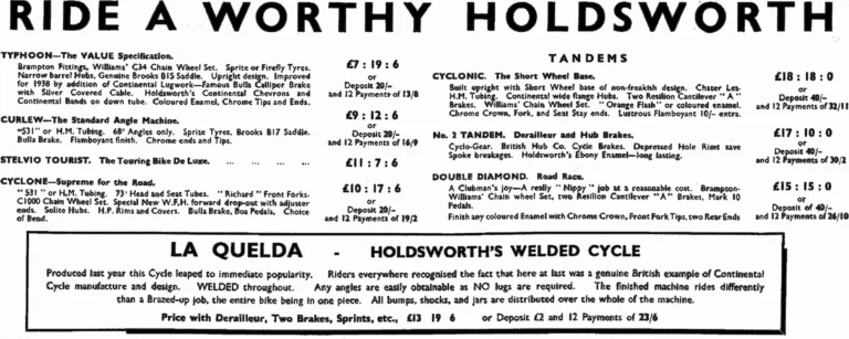 Holdsworth 1938 Catalog — The Password to Progress: La Variable, La Quelda, Olympic, Roi de Velo, Tornado and the Tandems, on One Folded Sheet — page 7 of 12