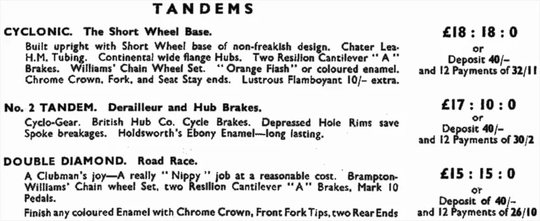 Holdsworth 1938 Catalog — The Password to Progress: La Variable, La Quelda, Olympic, Roi de Velo, Tornado and the Tandems, on One Folded Sheet — page 9 of 12