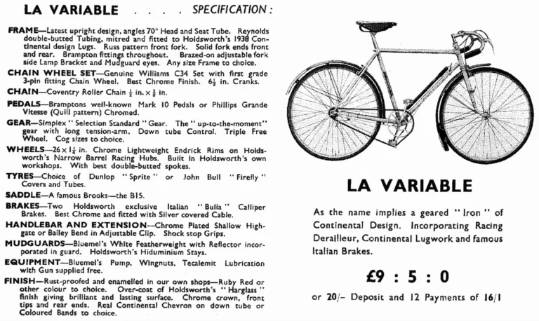 Holdsworth 1938 Catalog — The Password to Progress: La Variable, La Quelda, Olympic, Roi de Velo, Tornado and the Tandems, on One Folded Sheet — page 11 of 12
