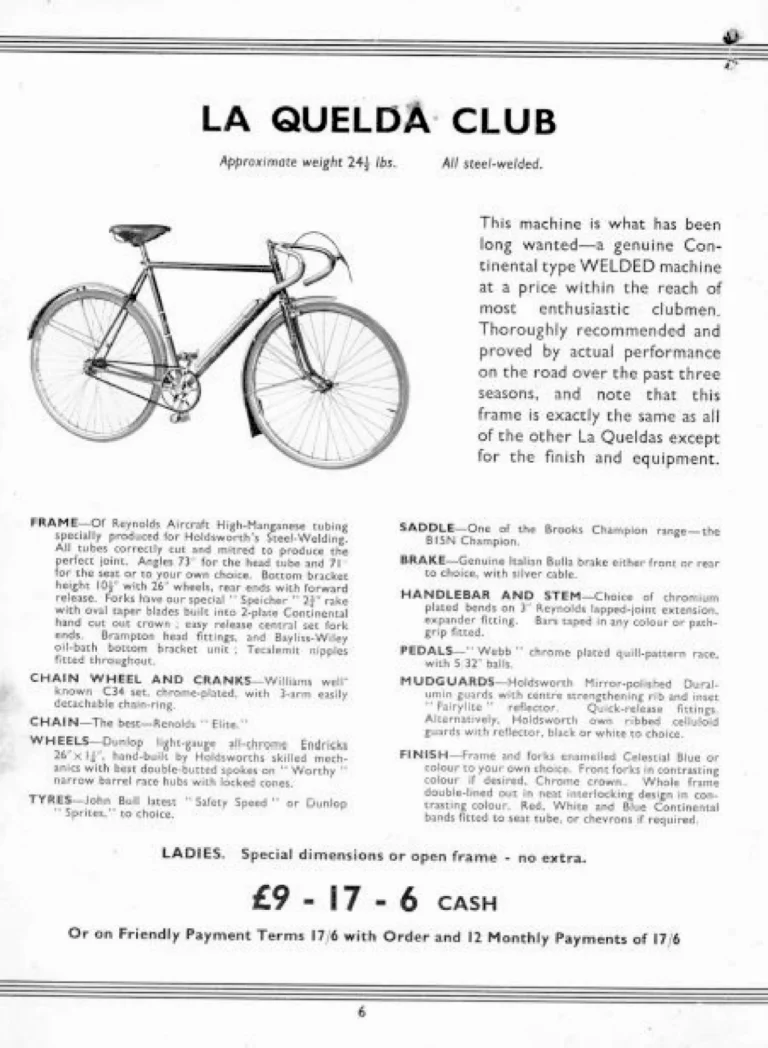 Holdsworth 1939 Catalog — Cycles and Tandems for 1939: La Quelda Club, Modele Milanais, L'Internationale, Super Rapide, Roi-de-Velo and Empire Champion Path — page 7 of 26