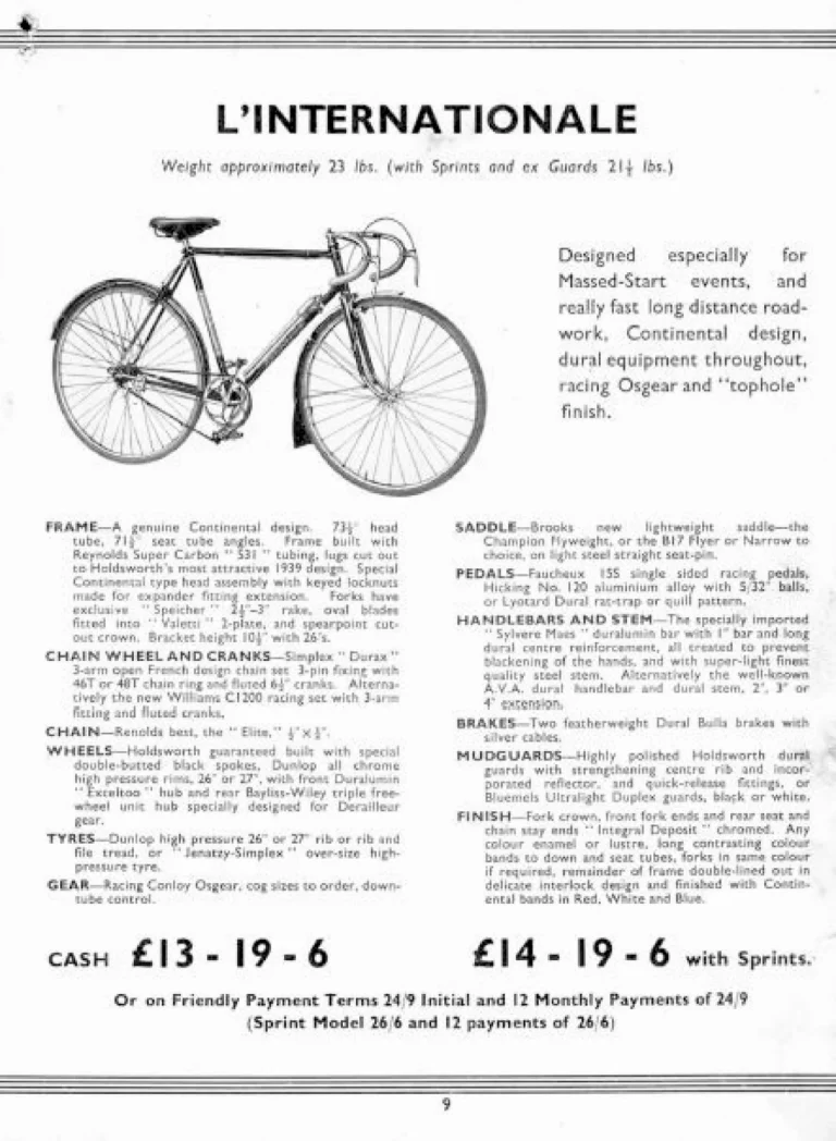 Holdsworth 1939 Catalog — Cycles and Tandems for 1939: La Quelda Club, Modele Milanais, L'Internationale, Super Rapide, Roi-de-Velo and Empire Champion Path — page 10 of 26
