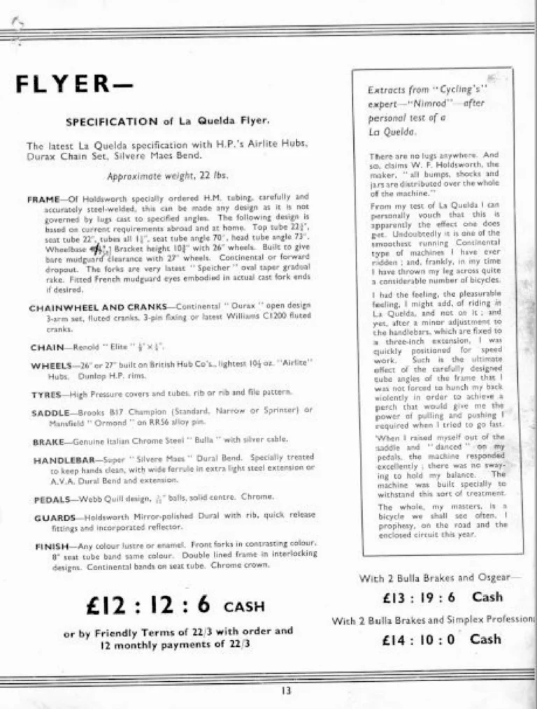 Holdsworth 1939 Catalog — Cycles and Tandems for 1939: La Quelda Club, Modele Milanais, L'Internationale, Super Rapide, Roi-de-Velo and Empire Champion Path — page 14 of 26