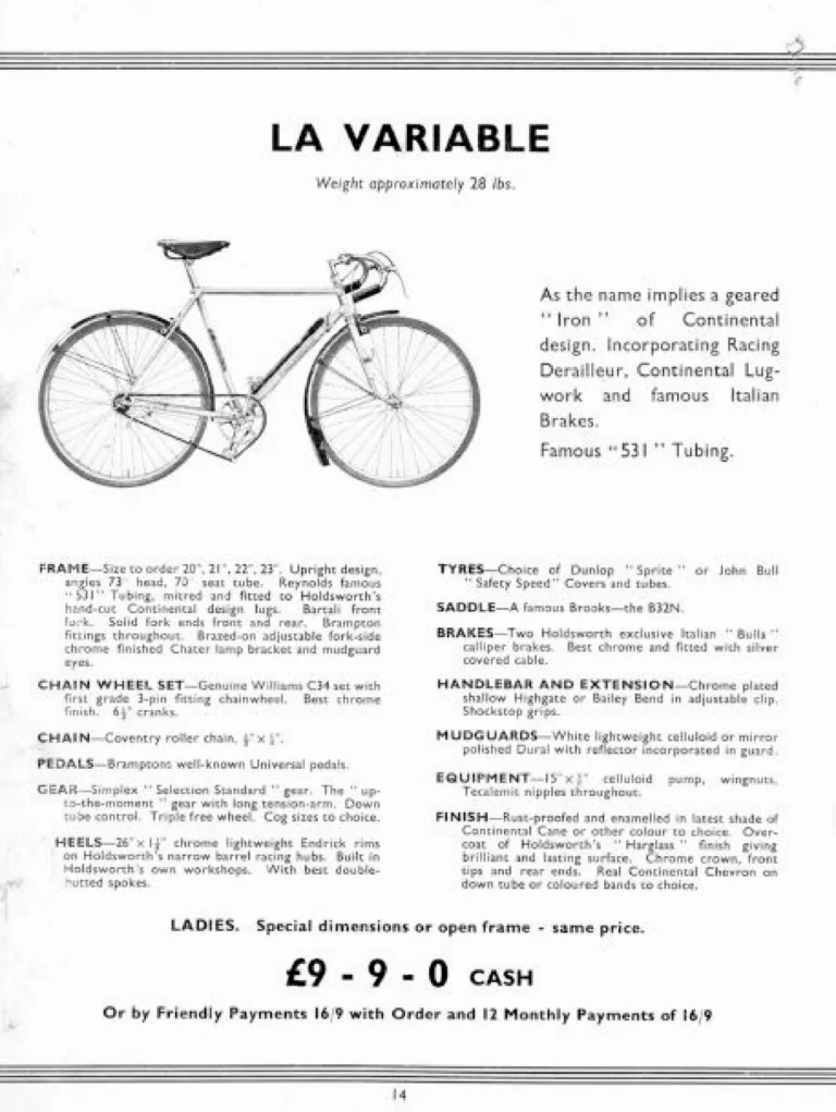 Holdsworth 1939 Catalog — Cycles and Tandems for 1939: La Quelda Club, Modele Milanais, L'Internationale, Super Rapide, Roi-de-Velo and Empire Champion Path — page 15 of 26