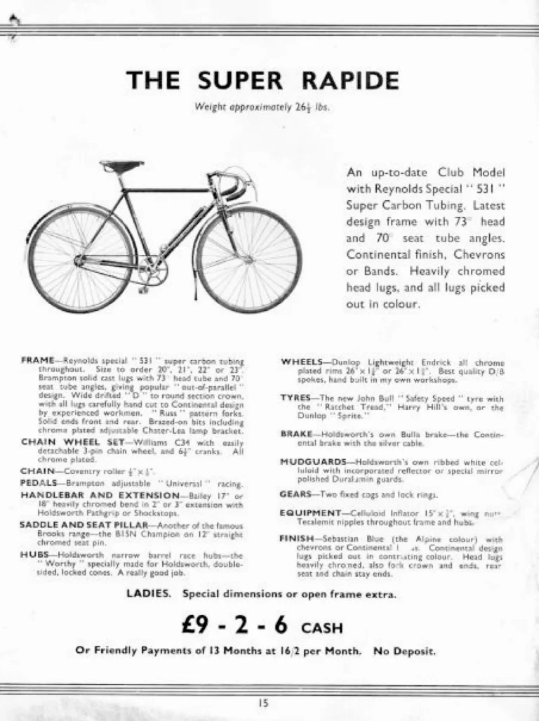 Holdsworth 1939 Catalog — Cycles and Tandems for 1939: La Quelda Club, Modele Milanais, L'Internationale, Super Rapide, Roi-de-Velo and Empire Champion Path — page 16 of 26