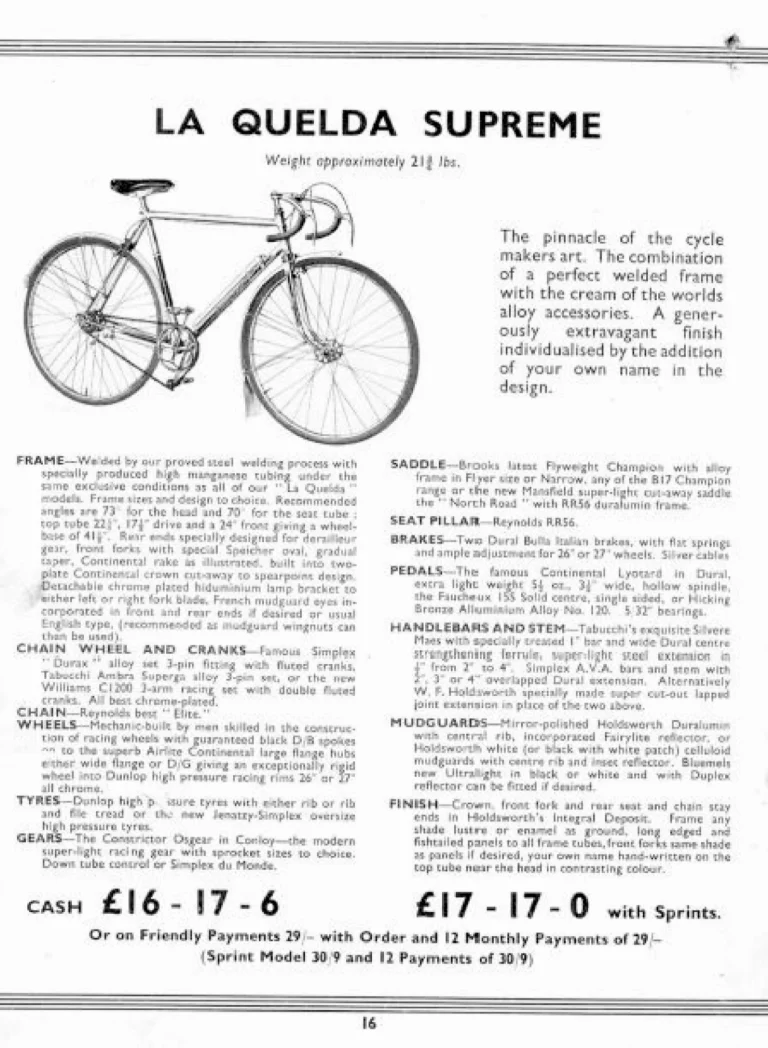 Holdsworth 1939 Catalog — Cycles and Tandems for 1939: La Quelda Club, Modele Milanais, L'Internationale, Super Rapide, Roi-de-Velo and Empire Champion Path — page 17 of 26