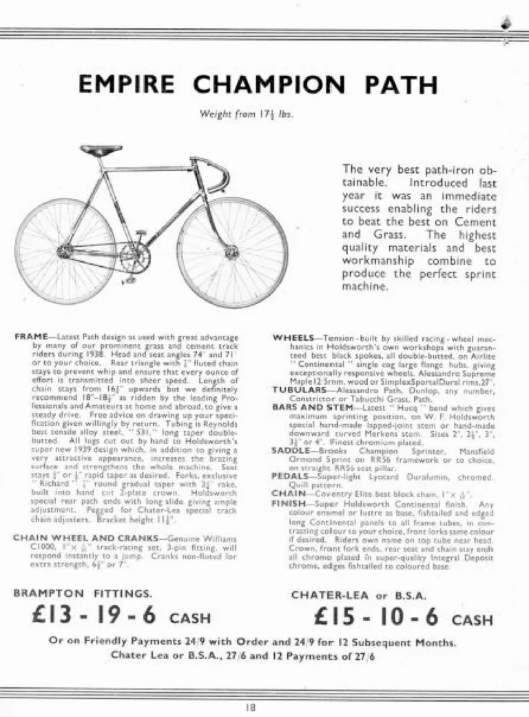 Holdsworth 1939 Catalog — Cycles and Tandems for 1939: La Quelda Club, Modele Milanais, L'Internationale, Super Rapide, Roi-de-Velo and Empire Champion Path — page 19 of 26