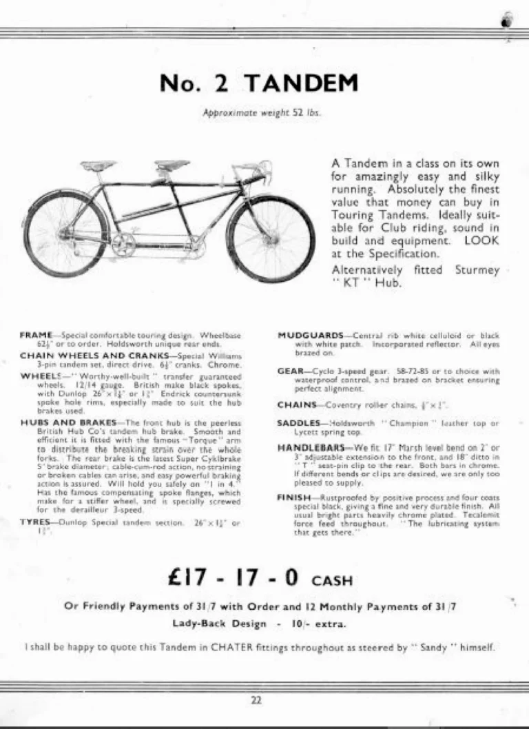 Holdsworth 1939 Catalog — Cycles and Tandems for 1939: La Quelda Club, Modele Milanais, L'Internationale, Super Rapide, Roi-de-Velo and Empire Champion Path — page 23 of 26